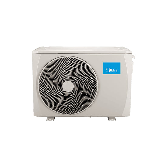Midea Mission Pro air conditioner outdoor unit with large fan and beige casing Midea Mission Pro air conditioner outdoor unit with large fan and beige casing